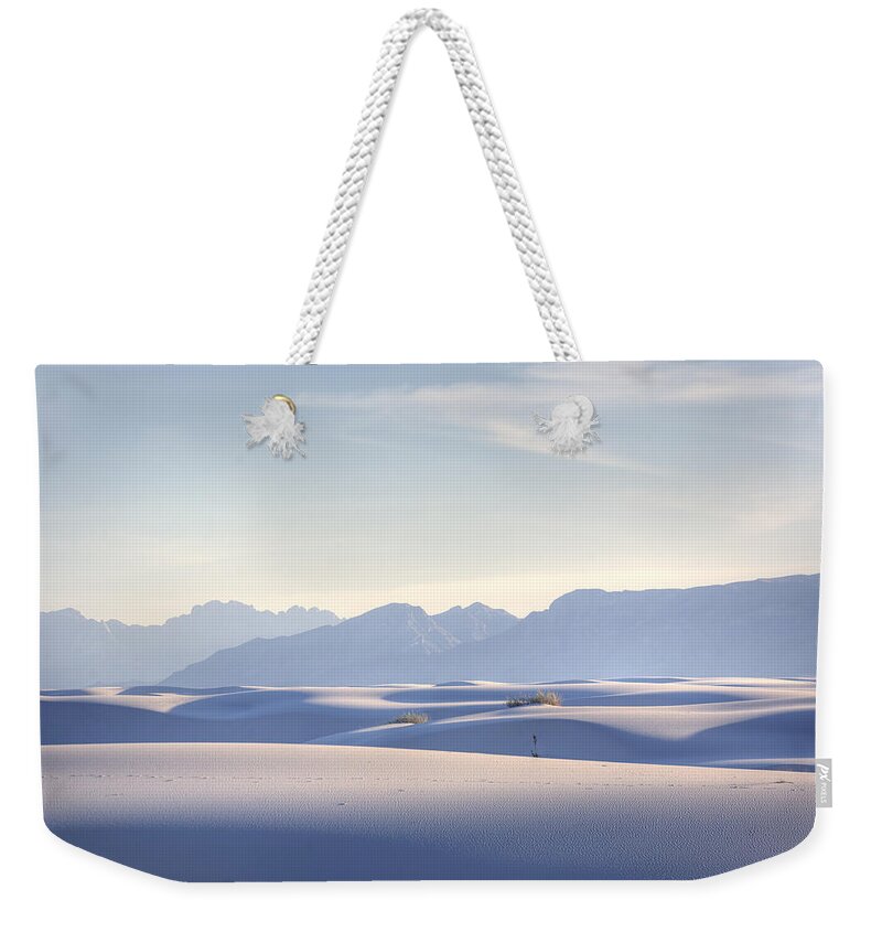 Desert Weekender Tote Bag featuring the photograph White Sands Blue Sky by Peter Tellone
