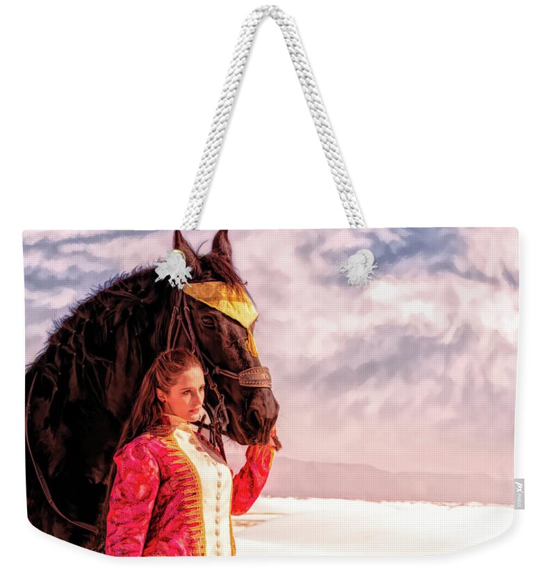White Sands Weekender Tote Bag featuring the digital art White Sands Horse and Rider #2b by Walter Herrit