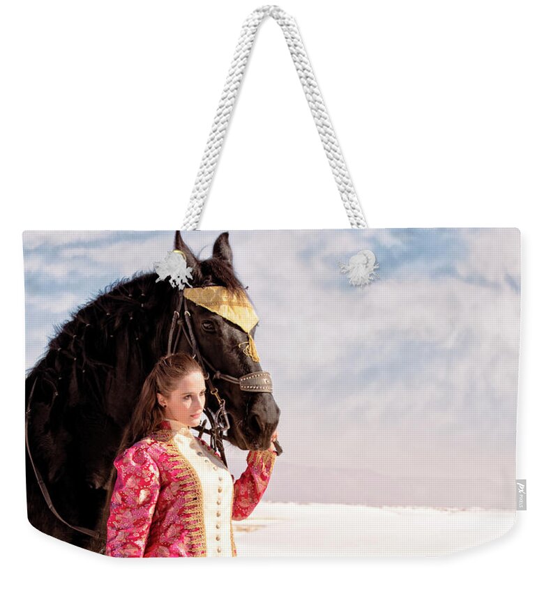 White Sands Weekender Tote Bag featuring the photograph White Sands Horse and Rider #2a by Walter Herrit