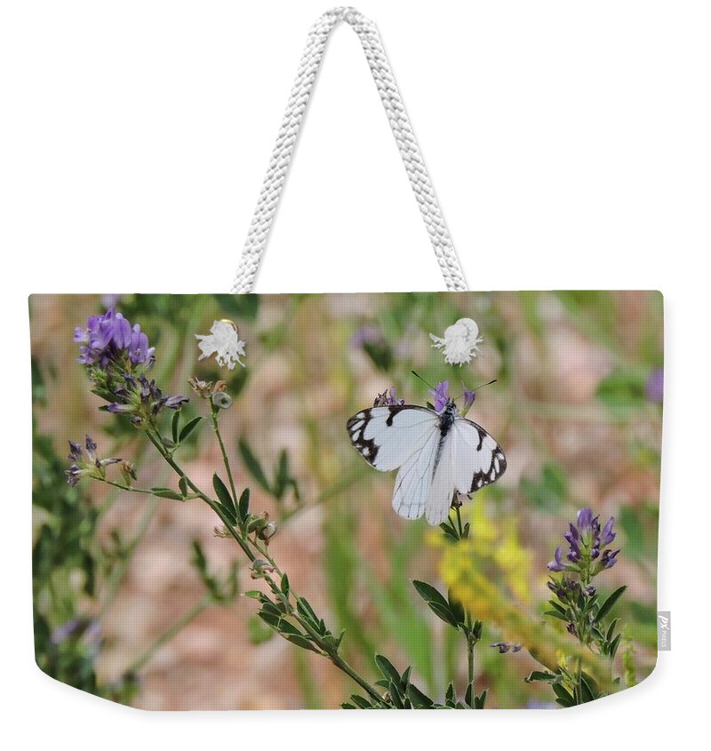 White Skipper Weekender Tote Bag featuring the photograph White-Skipper on Lupine by Gaelyn Olmsted