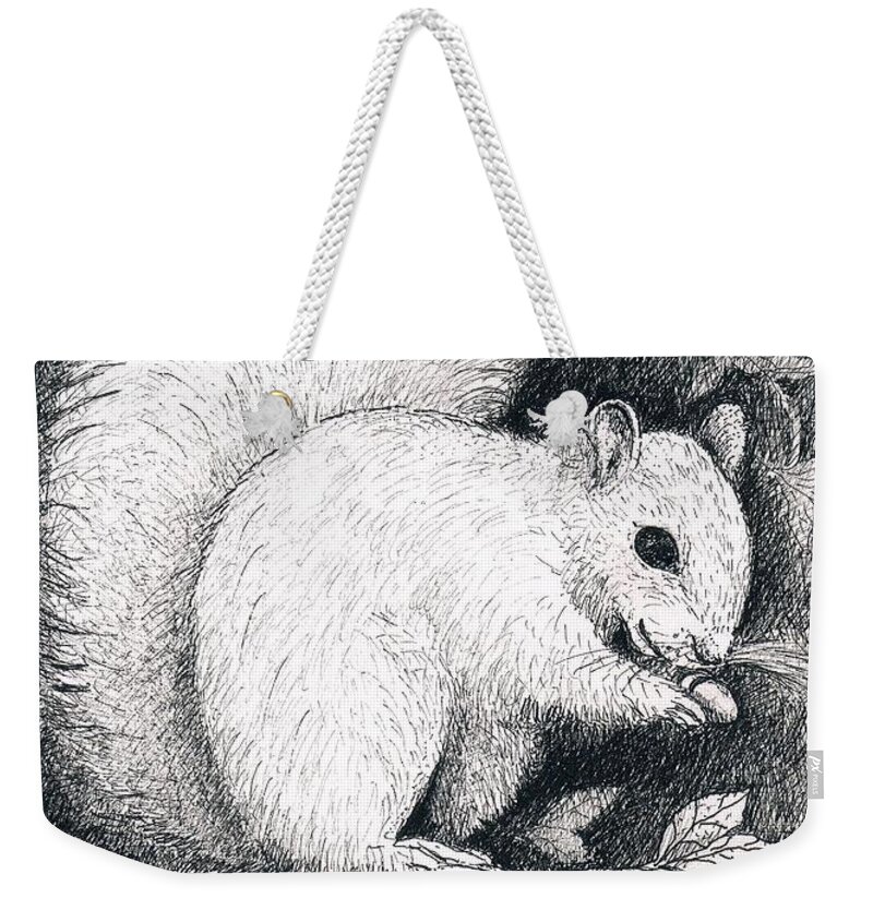 Squirrel Weekender Tote Bag featuring the drawing White Squirrel by Lee Pantas