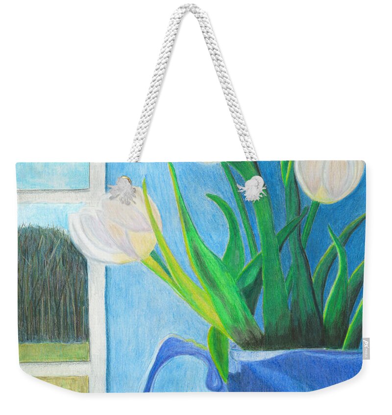 Tulips Weekender Tote Bag featuring the painting White Tulips by Arlene Crafton