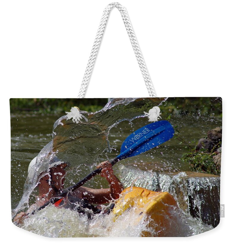 Kayak Weekender Tote Bag featuring the photograph Whitewater Splash by Mary Courtney