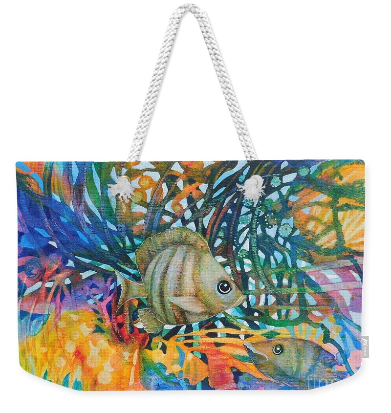 Red Weekender Tote Bag featuring the painting Who's in Charge? by Joan Clear