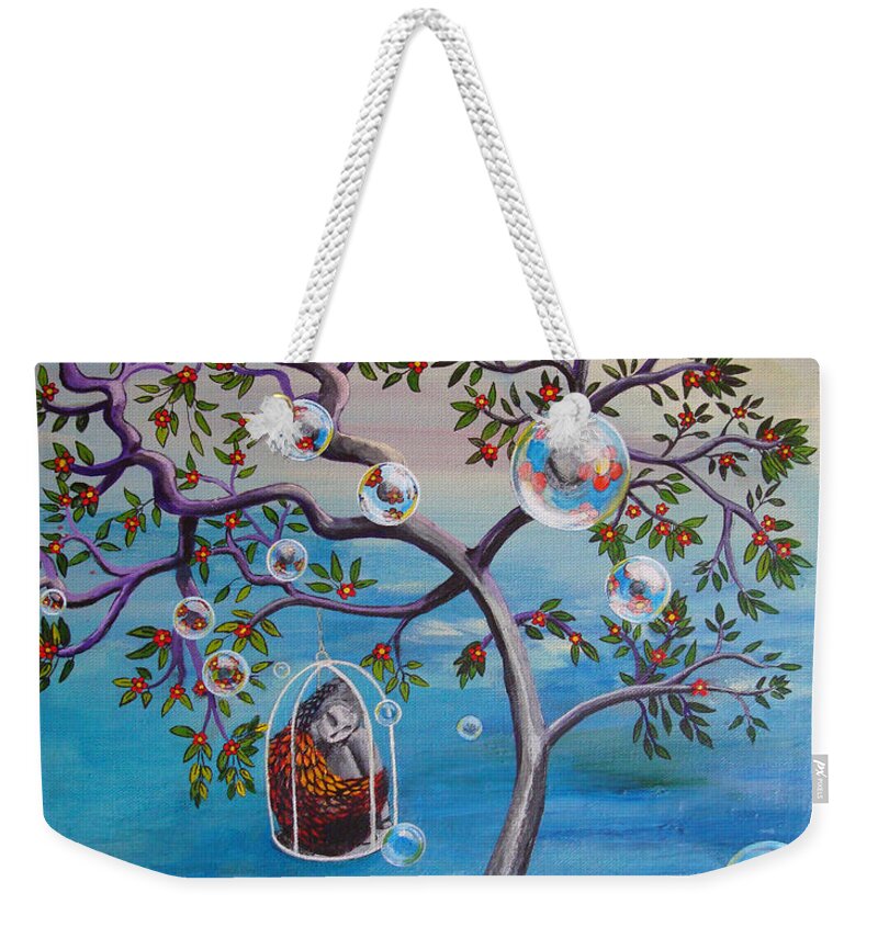 Surreal Weekender Tote Bag featuring the painting Why The Caged Bird Sings by Mindy Huntress