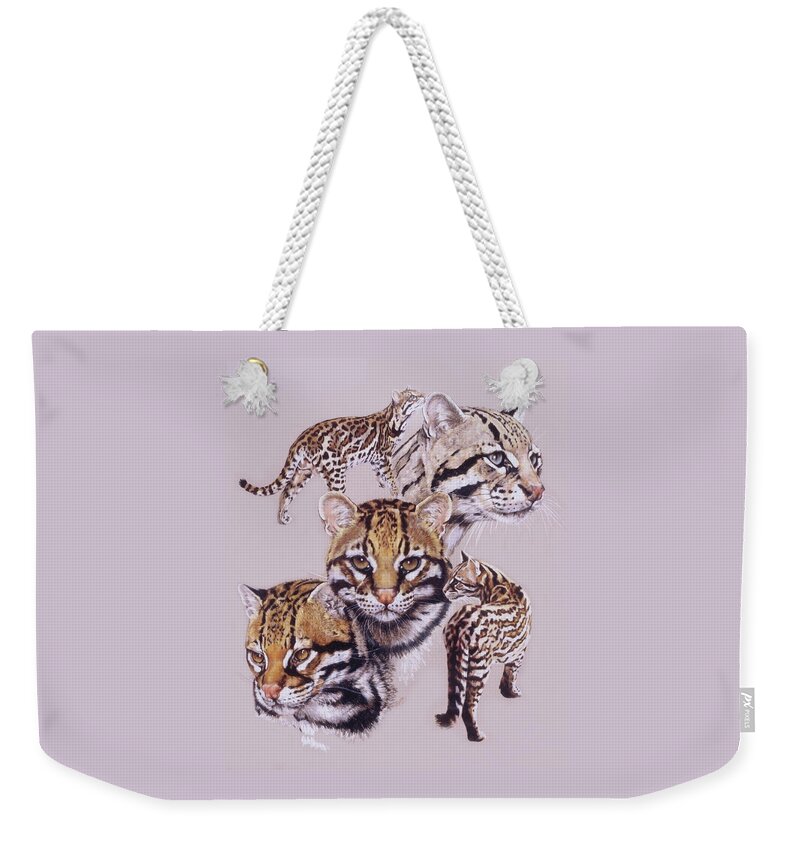Ocelot Weekender Tote Bag featuring the drawing Wild and Free by Barbara Keith