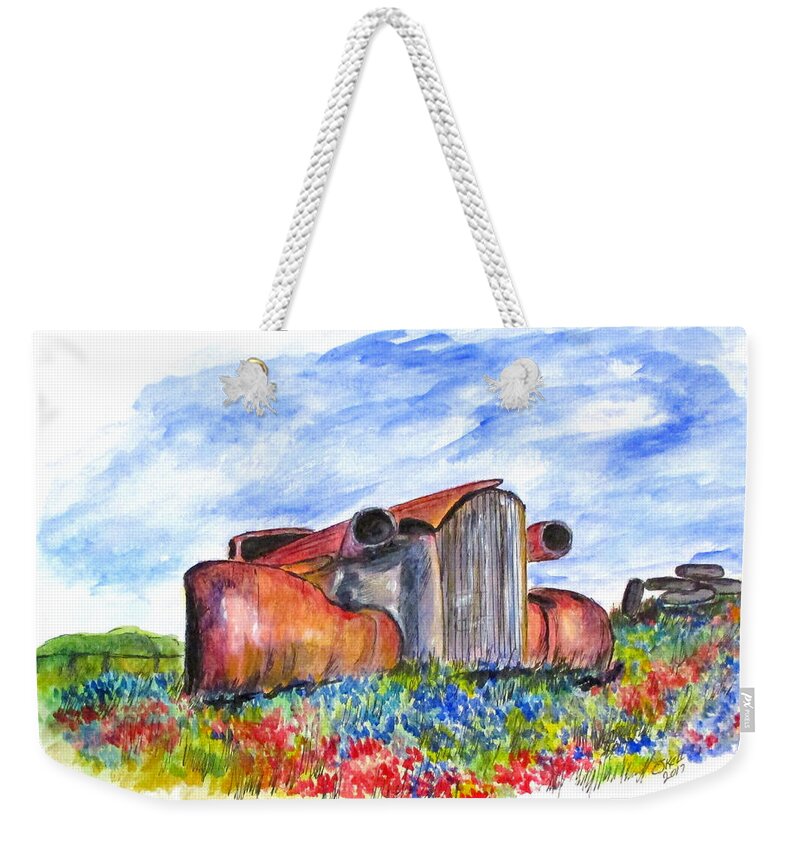 Painting Weekender Tote Bag featuring the painting Wild Flower Junk Car by Clyde J Kell