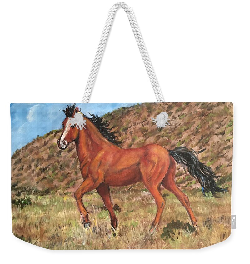 Wild Horse Walking Among The Hills. Horse Weekender Tote Bag featuring the painting Wild Horse in Virginia City, Nevada by Charme Curtin