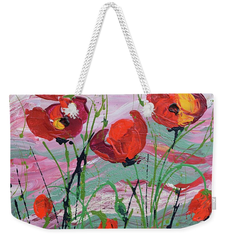 Wild Poppies - Triptych Weekender Tote Bag featuring the painting Wild Poppies - 1 by Jyotika Shroff