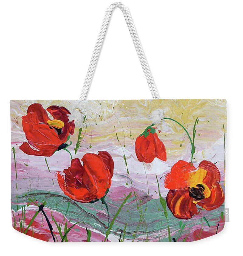 Wild Poppies - Triptych Weekender Tote Bag featuring the painting Wild Poppies - 2 by Jyotika Shroff