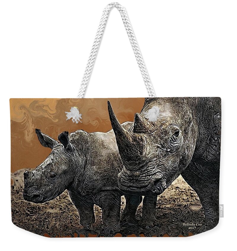 Digital Art Weekender Tote Bag featuring the digital art Wild Rhinos by Artful Oasis