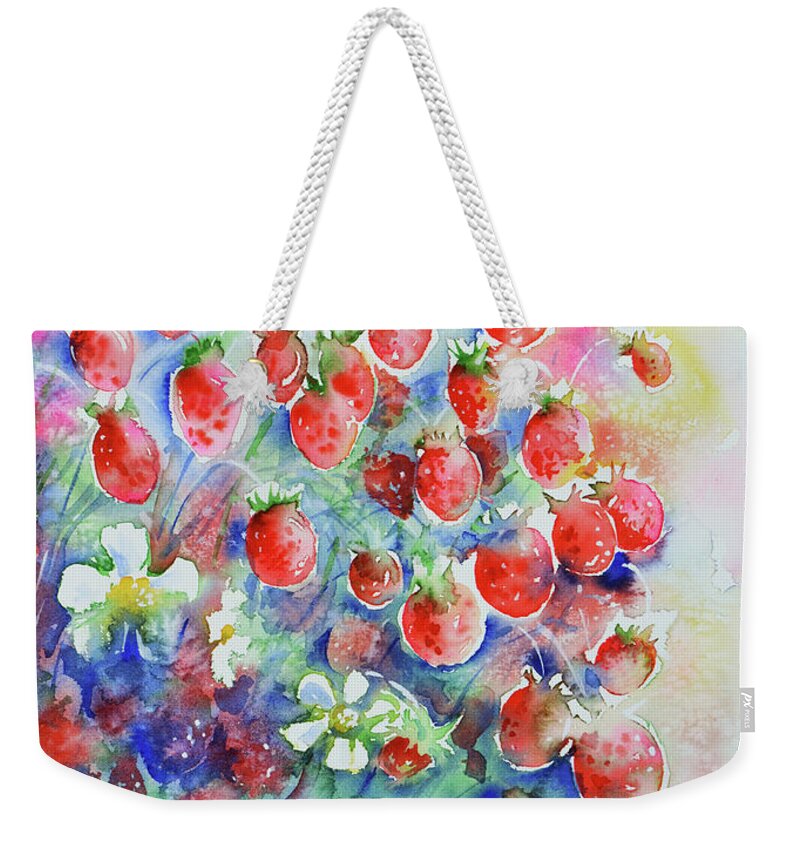 Red Weekender Tote Bag featuring the painting Wild Strawberries by Zaira Dzhaubaeva