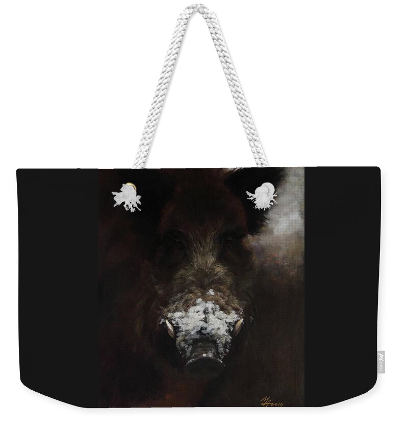 Snout Weekender Tote Bag featuring the painting Wildboar with Snowy Snout by Attila Meszlenyi