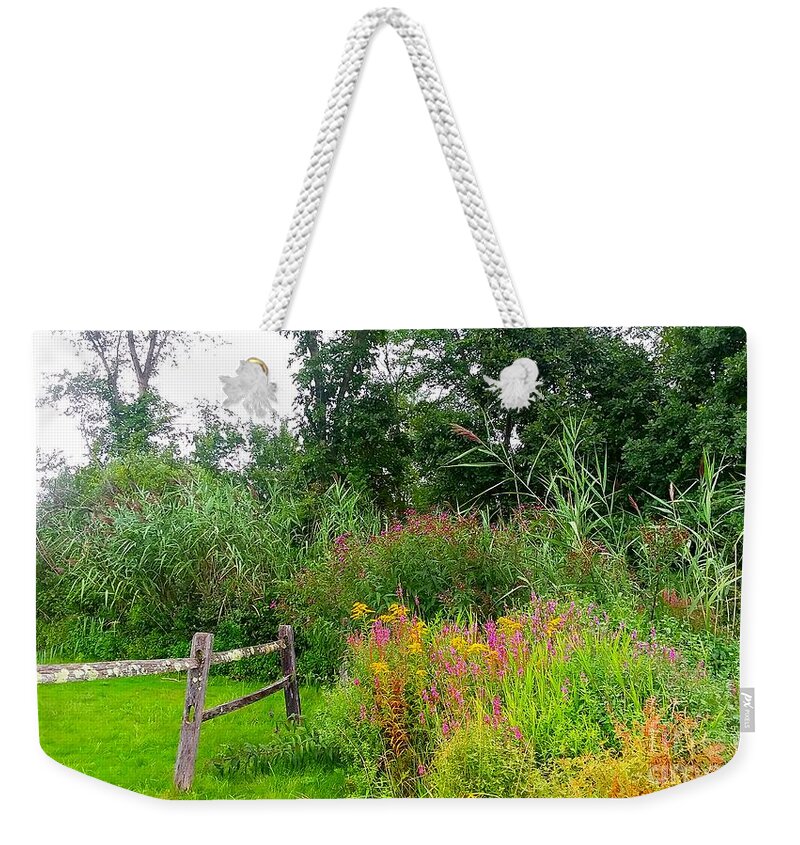 Wildflowers Weekender Tote Bag featuring the photograph Wildflowers and Fence in Bridgewater by Dani McEvoy