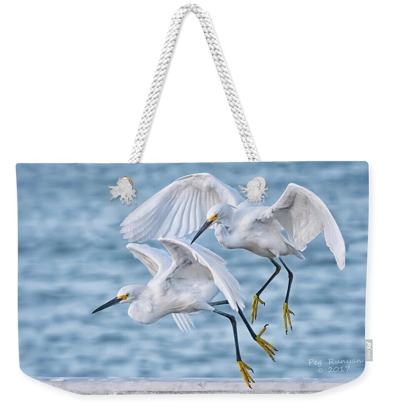 Snowy Egrets Weekender Tote Bag featuring the photograph Will You Hurry Up by Peg Runyan