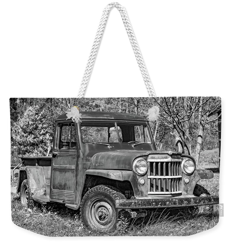 Vehicle Weekender Tote Bag featuring the photograph Willys Jeep Pickup Truck 2 bw by Steve Harrington