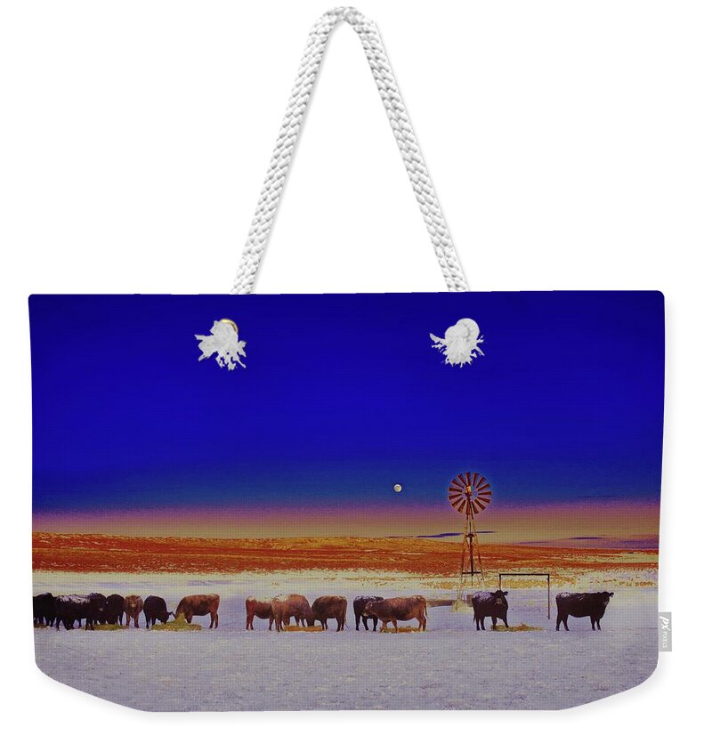 Retro Weekender Tote Bag featuring the photograph Windmill and Cows Night Feed by Amanda Smith