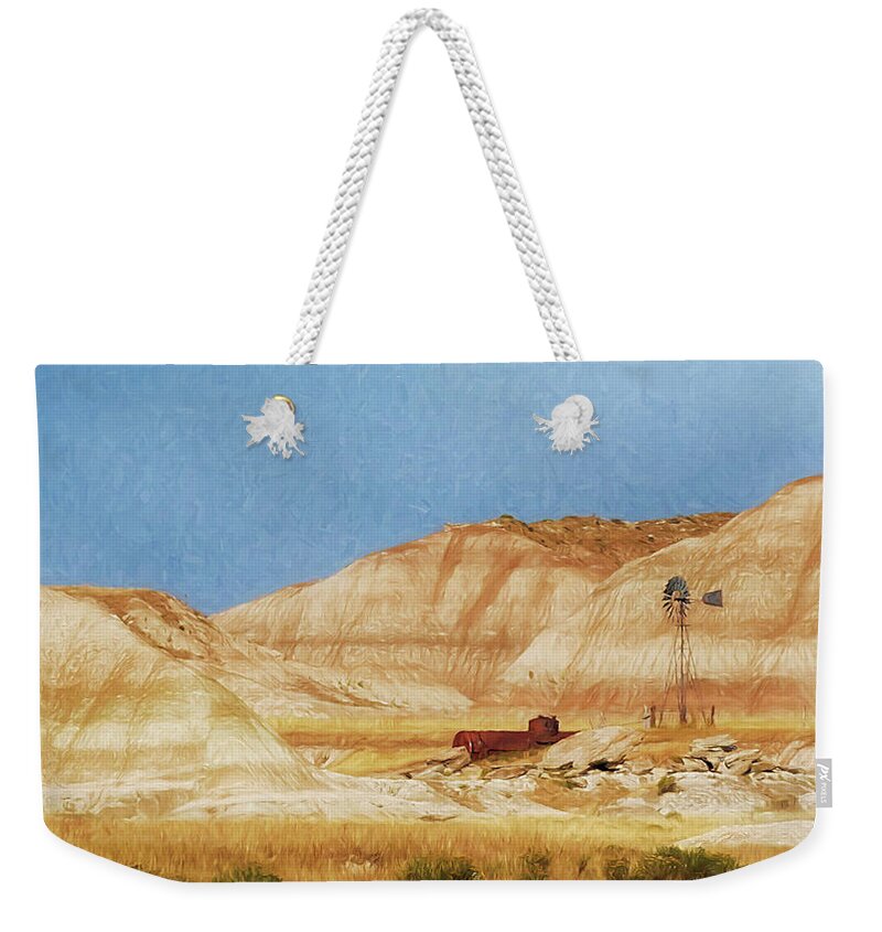 Toadstool Geologic Park Weekender Tote Bag featuring the photograph Windmill in the Badlands by Susan Rissi Tregoning
