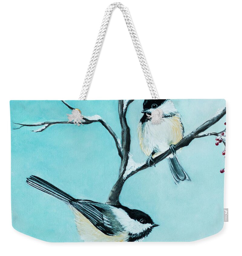 Chickadee's Weekender Tote Bag featuring the painting Windows View by Vivian Casey Fine Art