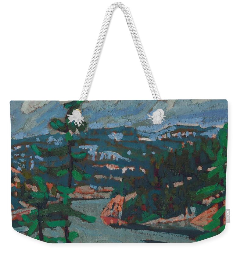 2032 Weekender Tote Bag featuring the painting Windy Wet Ridge Overlooking George Lake by Phil Chadwick