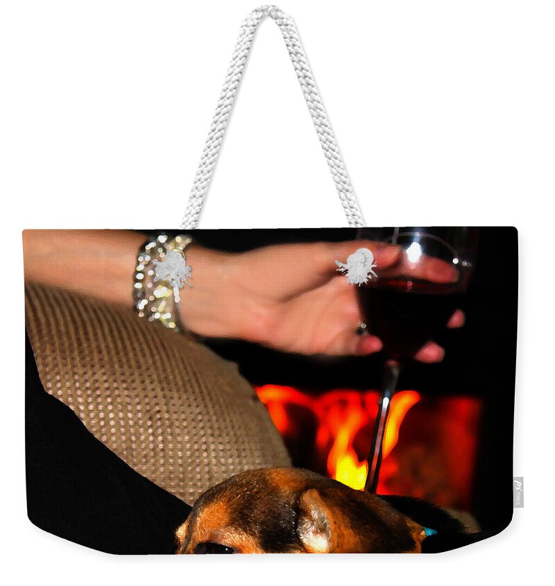 Woman Weekender Tote Bag featuring the photograph Wine and a Fire and a Dog by Susan Vineyard