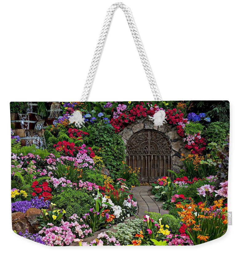 Flowers Weekender Tote Bag featuring the photograph Wine celler gates by Garry Gay