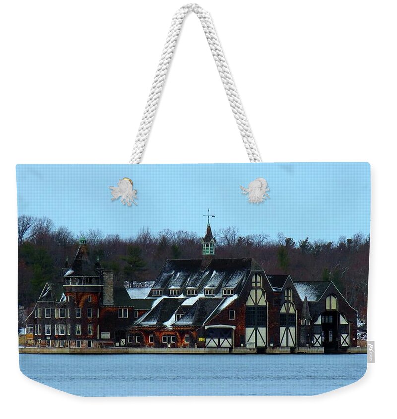 Thousand Islands Weekender Tote Bag featuring the photograph Snow on Boldt Castle Yacht House by Dennis McCarthy