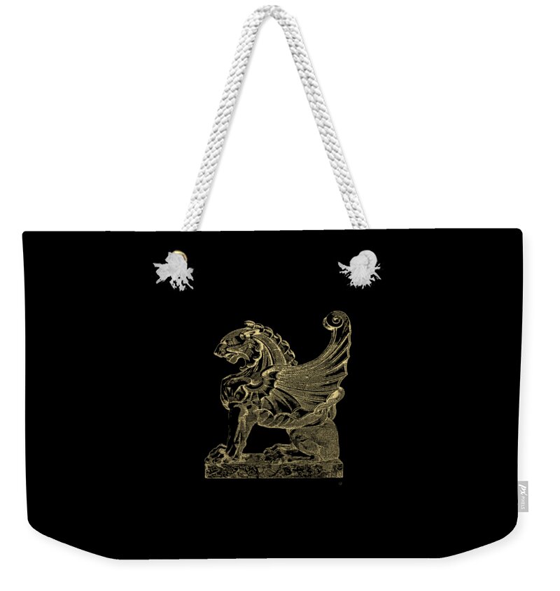 'antique-vintage-retro' Collection By Serge Averbukh Weekender Tote Bag featuring the digital art Winged Lion Chimera from Casa San Isidora, Santiago, Chile, in Gold on Black by Serge Averbukh
