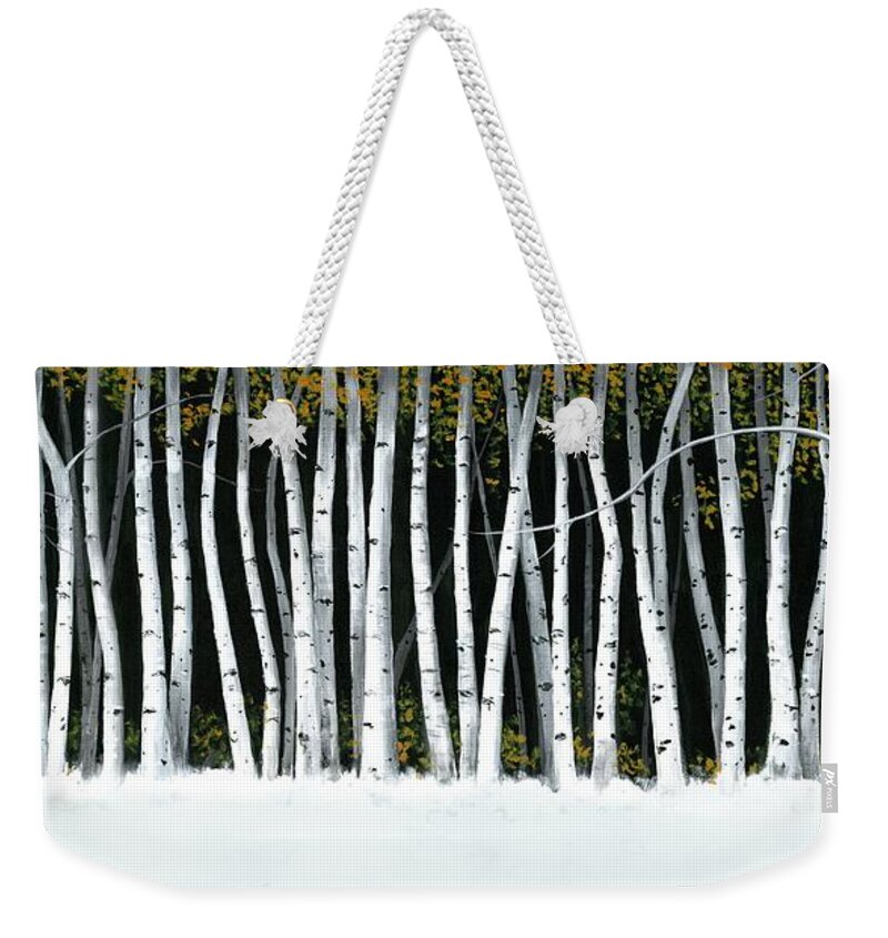Aspens Weekender Tote Bag featuring the painting Winter Aspens II by Michael Swanson