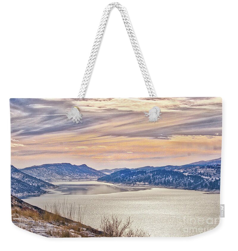 Winter Weekender Tote Bag featuring the photograph Winter at Horsetooth Reservior by Cindy Schneider