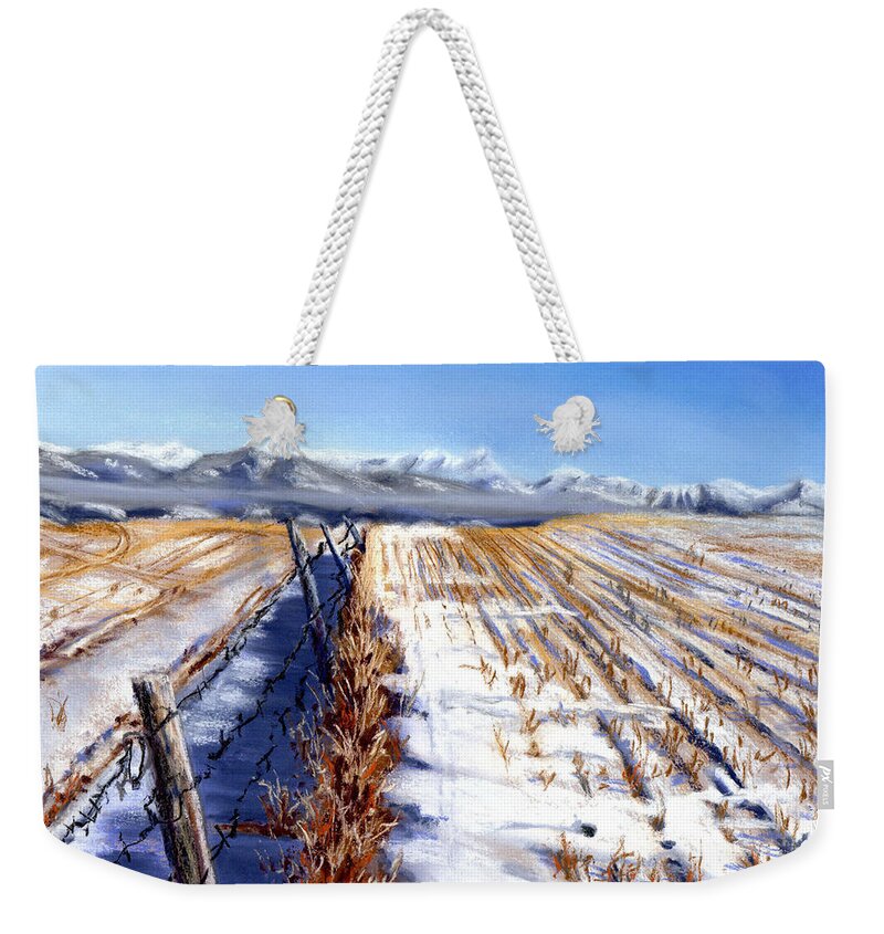 Winter Weekender Tote Bag featuring the painting Winter at the Foothills of the Bridgers by Tammy Crawford