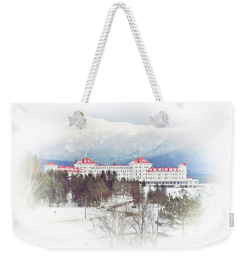  New England Weekender Tote Bag featuring the photograph Winter at the Mt Washington Hotel 2 by Tricia Marchlik