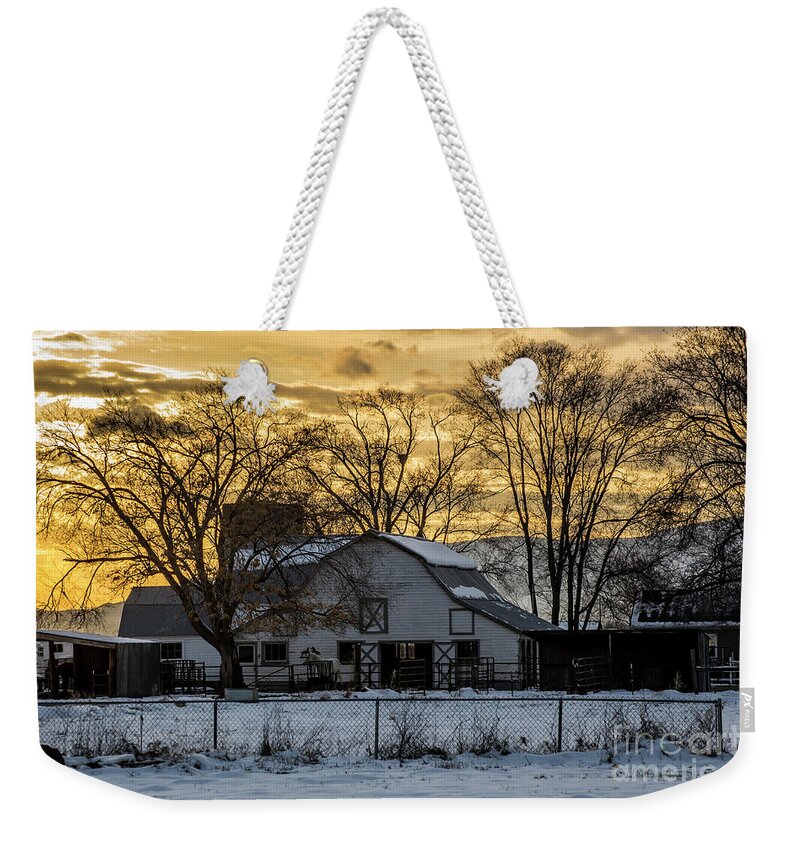 White Barn Weekender Tote Bag featuring the photograph Winter Barn at Sunset - Provo - Utah by Gary Whitton