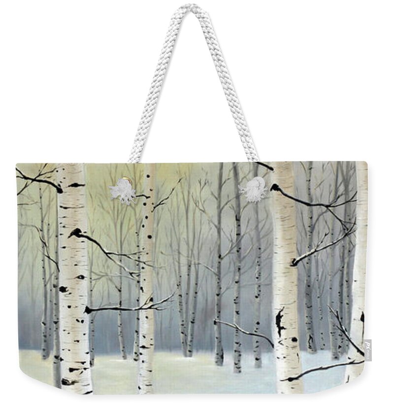 Birch Weekender Tote Bag featuring the painting Winter Birch Forest by Julie Peterson