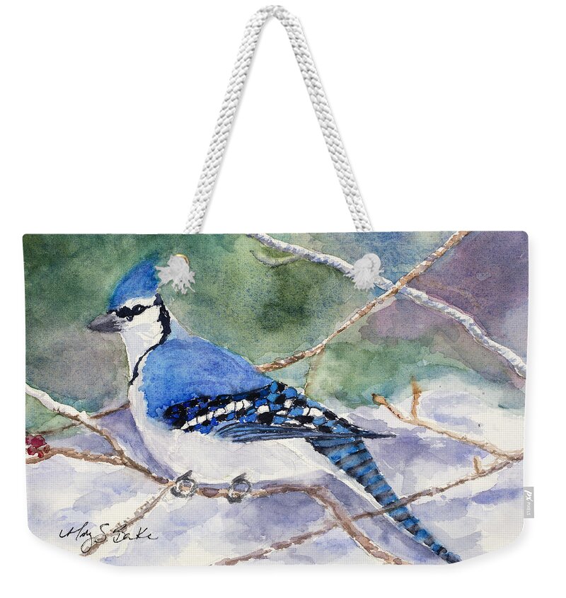 Blue Jay Weekender Tote Bag featuring the painting Winter Blues by Mary Benke