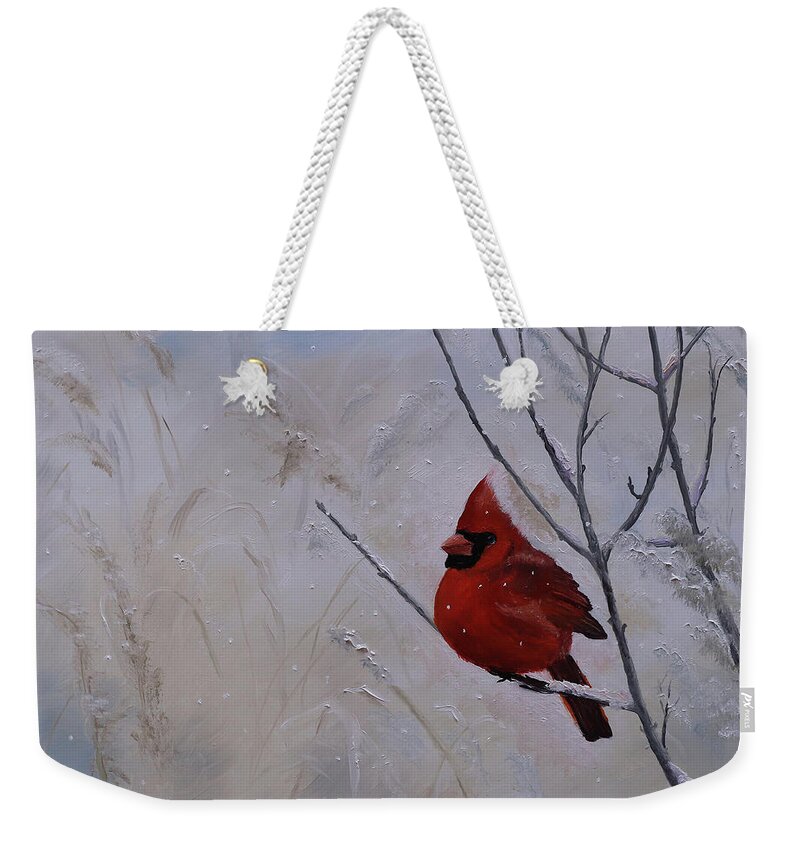 Cardinal Weekender Tote Bag featuring the painting Winter Cardinal by Stephen Krieger