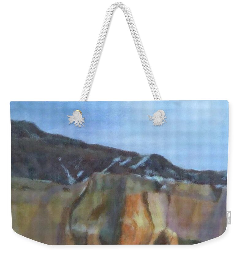Northern New Mexico Weekender Tote Bag featuring the painting Winter Colors at Abiquiu by Phyllis Andrews