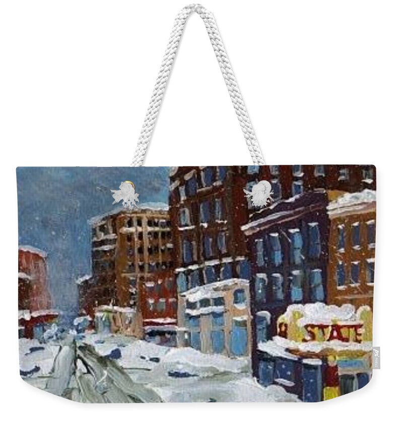 Downtown Weekender Tote Bag featuring the painting Winter Downtown by Rodger Ellingson
