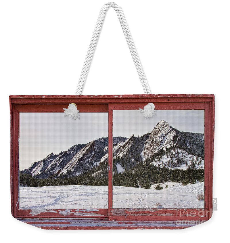 Picture Weekender Tote Bag featuring the photograph Winter Flatirons Boulder Colorado Red barn Picture Window Frame by James BO Insogna