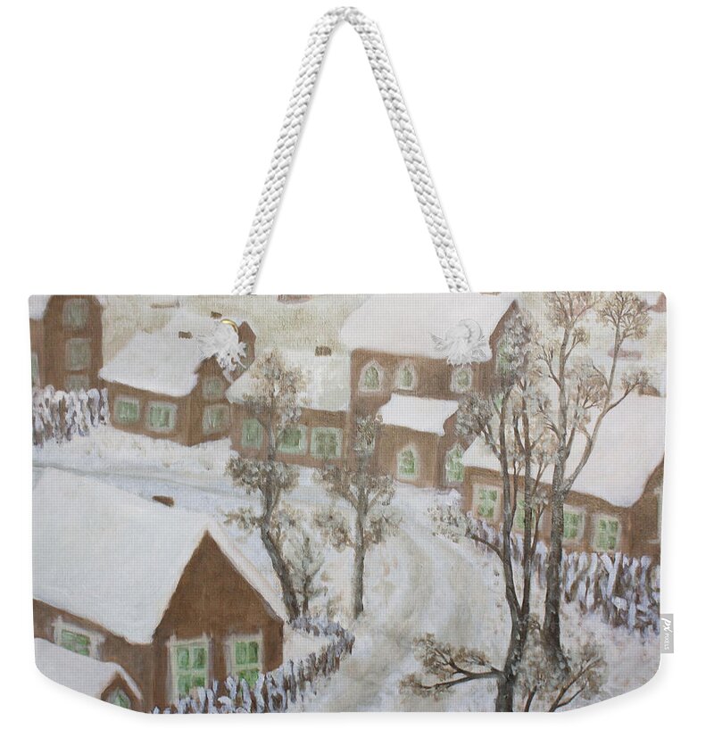 Winter Weekender Tote Bag featuring the painting Winter in Poland by Elzbieta Goszczycka