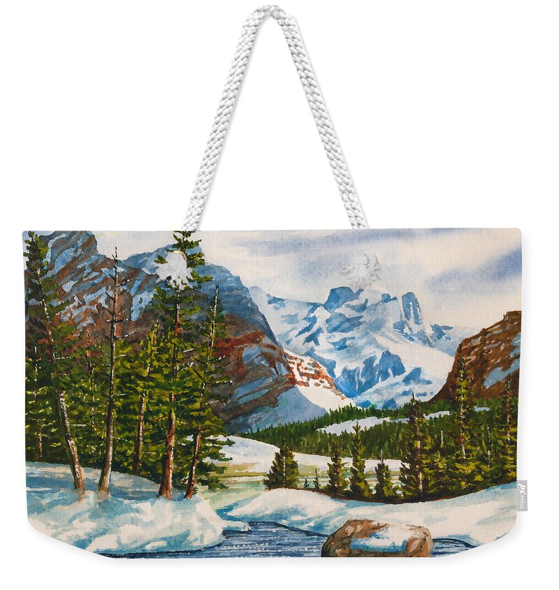 Landscape Weekender Tote Bag featuring the painting Winter in the Rockies by Douglas Castleman