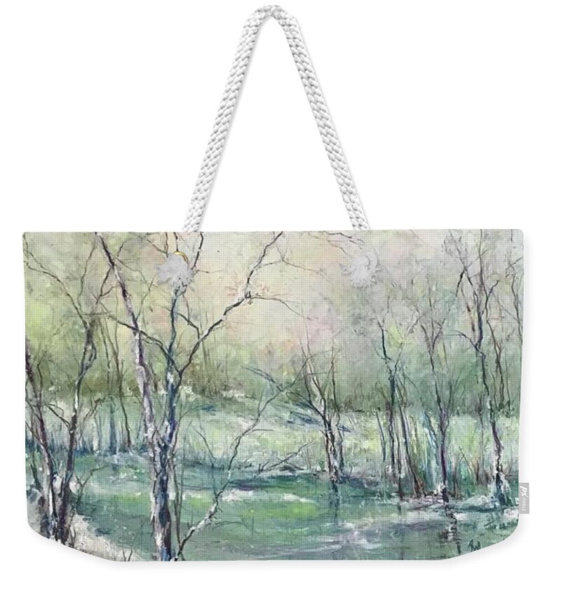 Trees Weekender Tote Bag featuring the painting Winter Interlude by Robin Miller-Bookhout