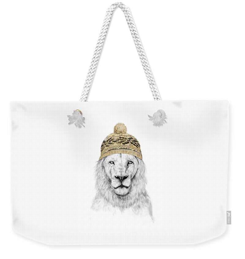 Lion Weekender Tote Bag featuring the drawing Winter lion by Balazs Solti
