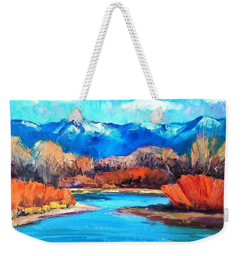 Landscape Weekender Tote Bag featuring the painting Winter on the Rio Grande by Marian Berg