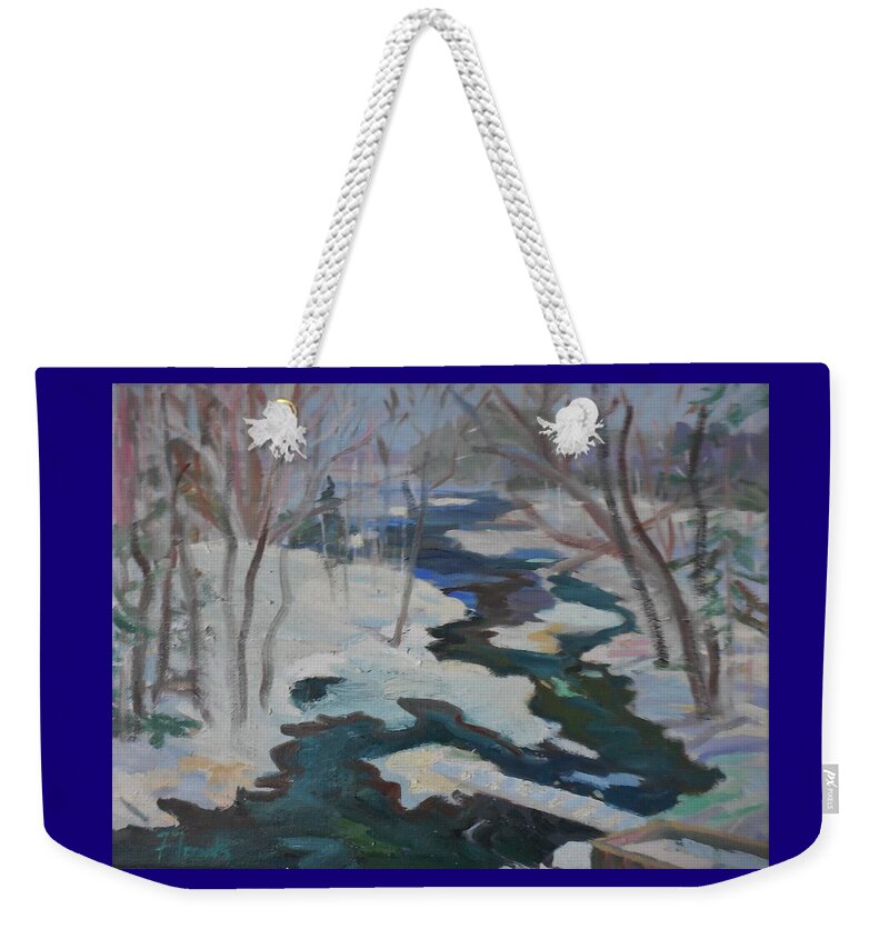 Landscape Weekender Tote Bag featuring the painting Winter Mill Stream by Francine Frank