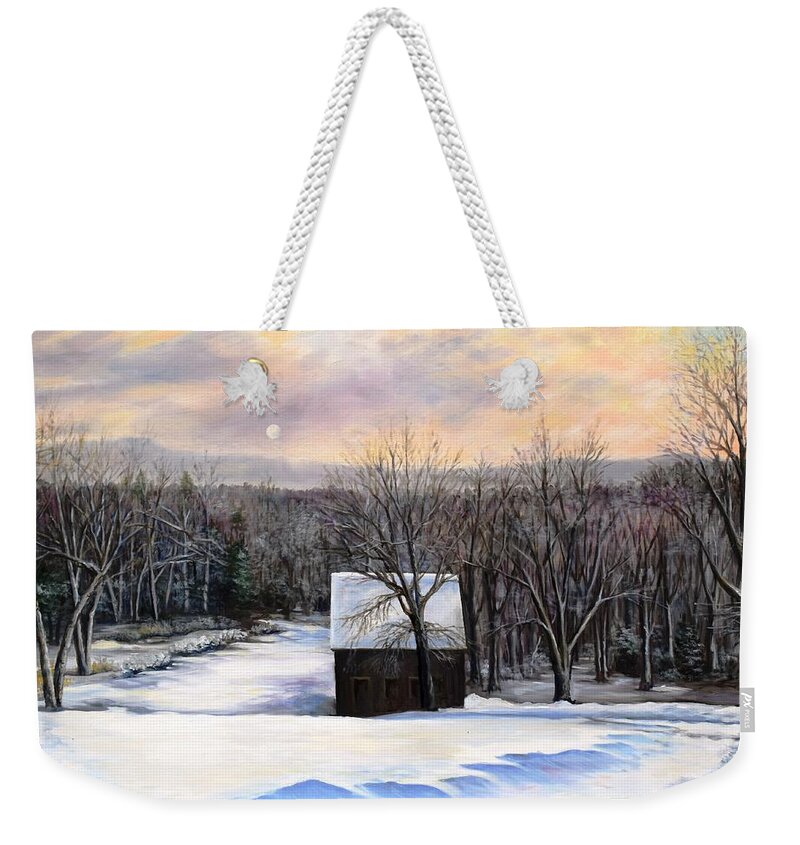 Winter Weekender Tote Bag featuring the painting Winter Moonset In The Berkshires by Eileen Patten Oliver