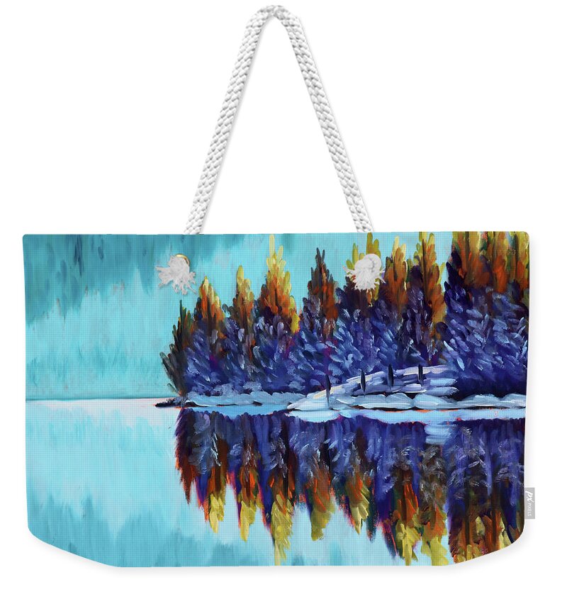 Winter Weekender Tote Bag featuring the painting Winter - Mountain Lake by Kevin Hughes