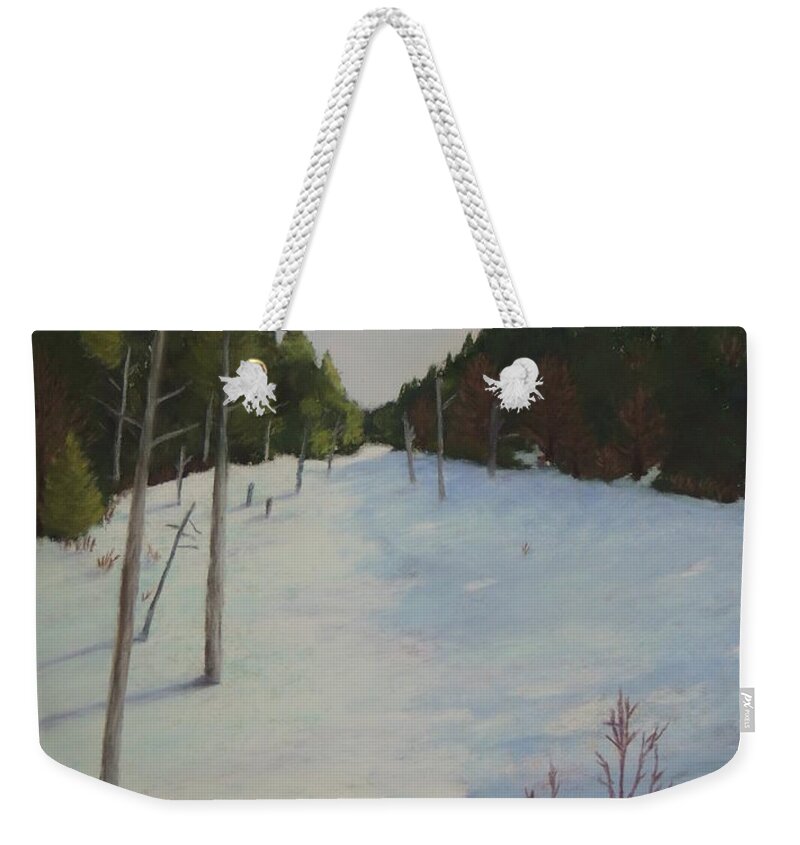 Winter Weekender Tote Bag featuring the painting Winter on Moose Pond by Carol Corliss