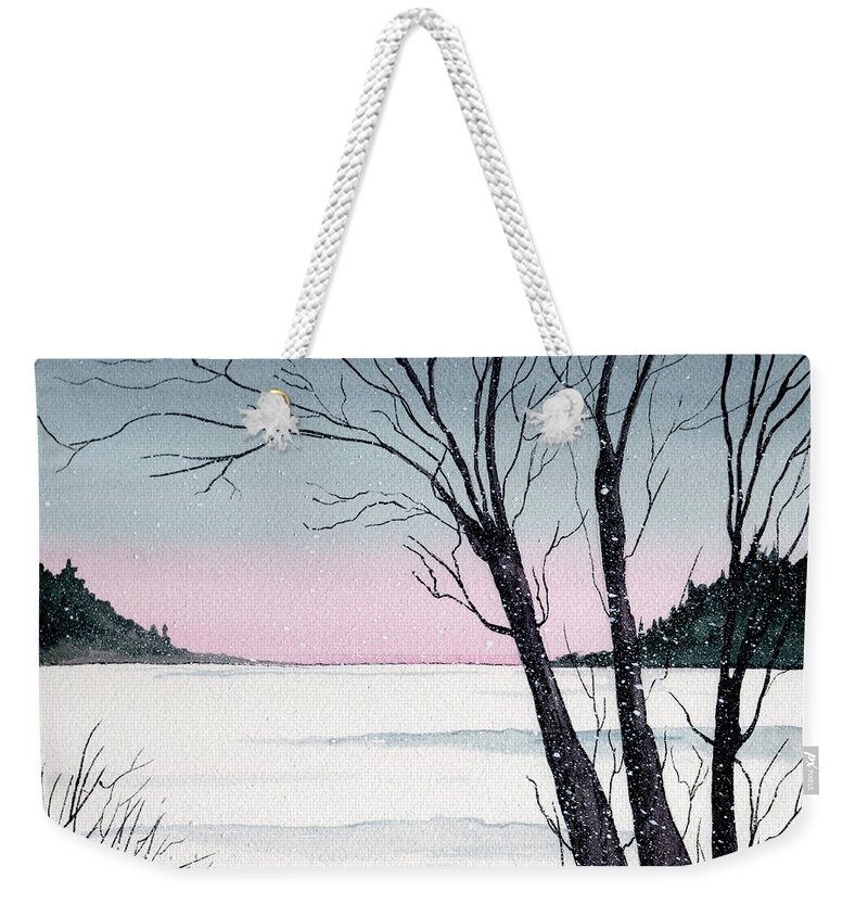 Landscape Weekender Tote Bag featuring the painting Winter On The Lake by Brenda Owen