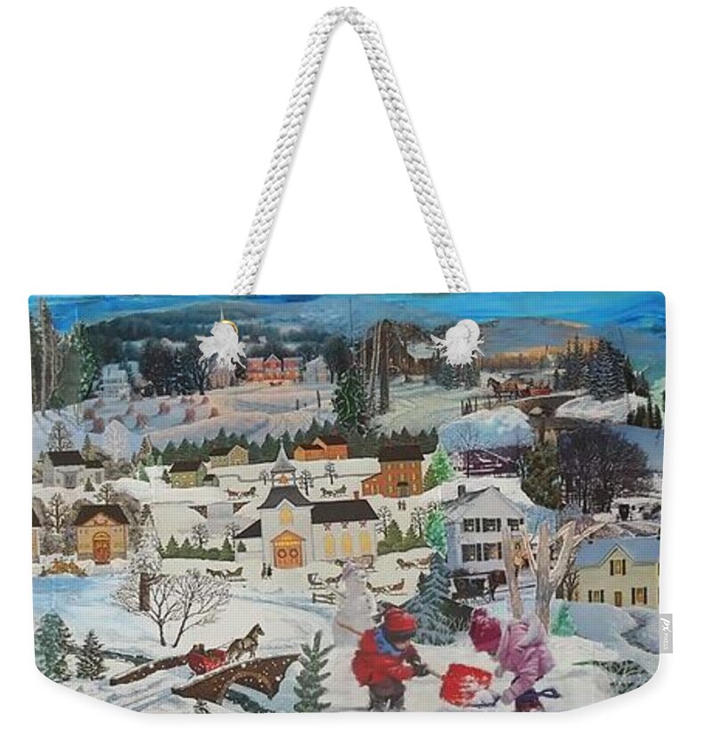 Snow Weekender Tote Bag featuring the mixed media Winter Play - SOLD by Judith Espinoza